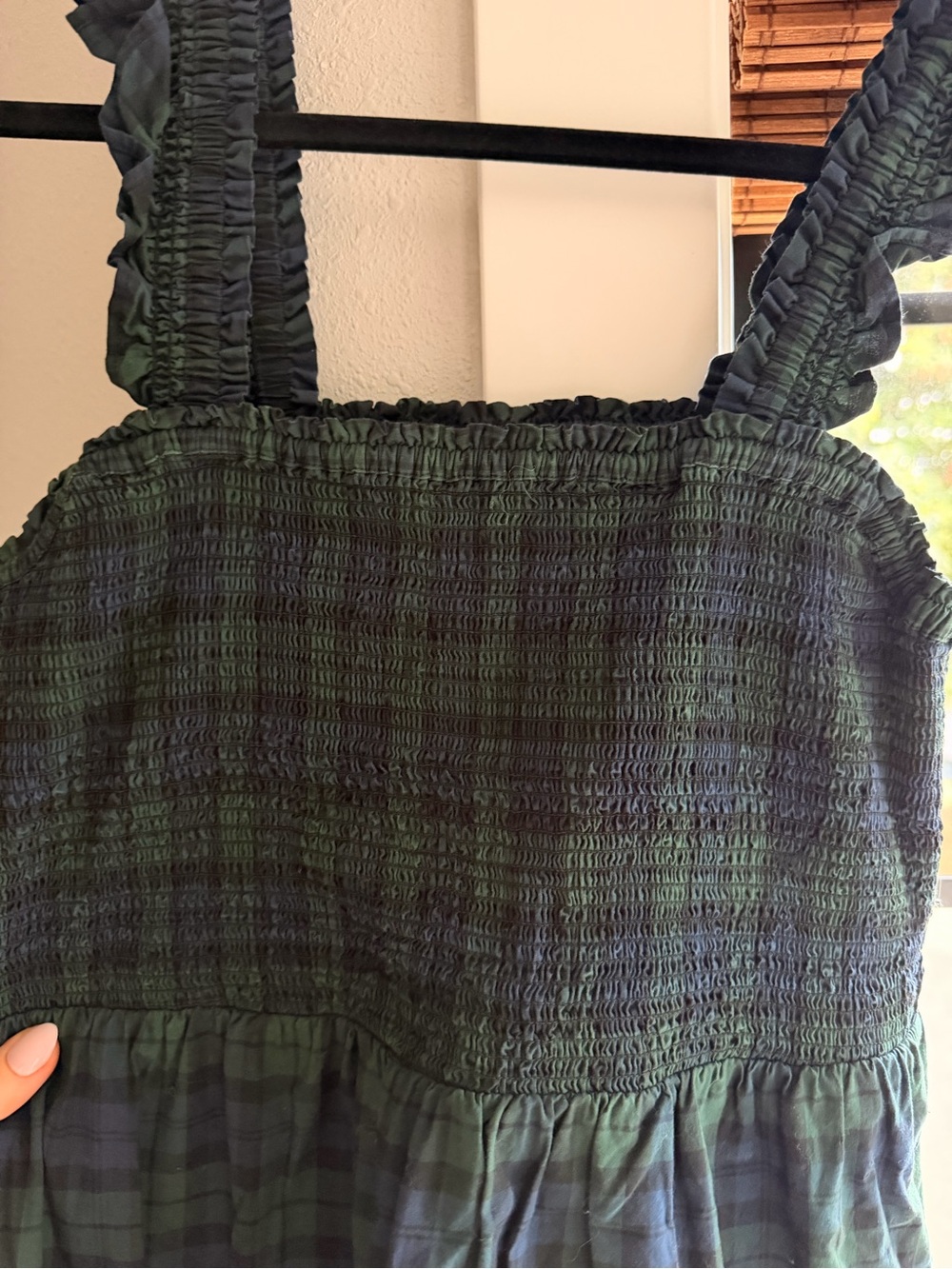 J. Crew Factory Navy & Green Plaid Smocked Tiered Midi Dress - Picture 7 of 9